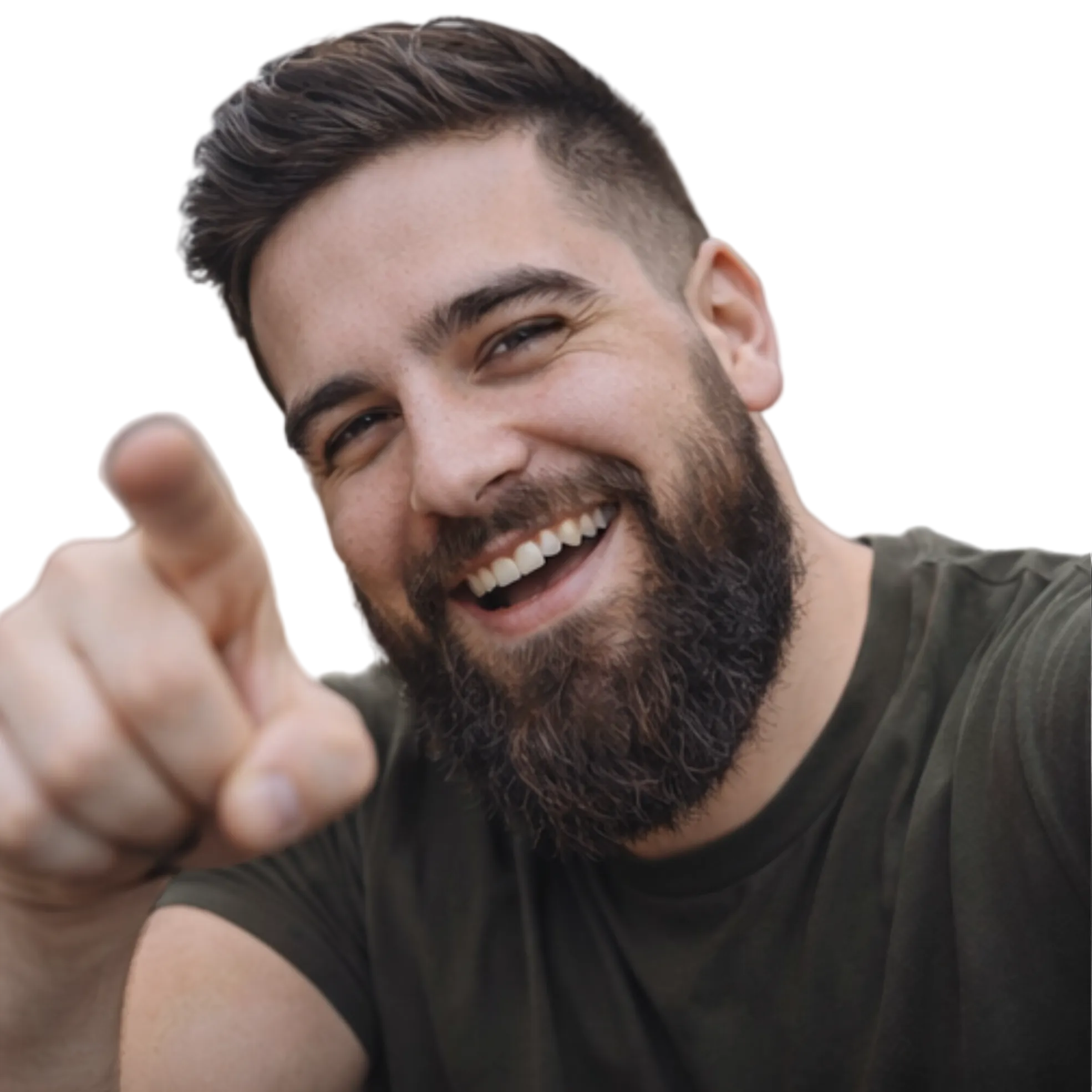 Man with a beard pointing forward with a blurred street background