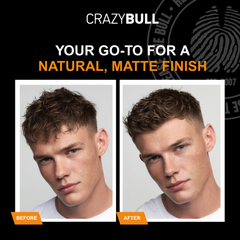 Before and after comparison of a person's hairstyle after using Funky Head with Crazy Bull product, on a black background with brand logo.