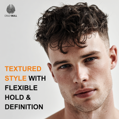 Man with styled hair using Funky Head on a white background with 'Crazy Bull' branding.