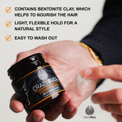 Crazy Bull Funky head product with text highlighting benefits on a blurred background