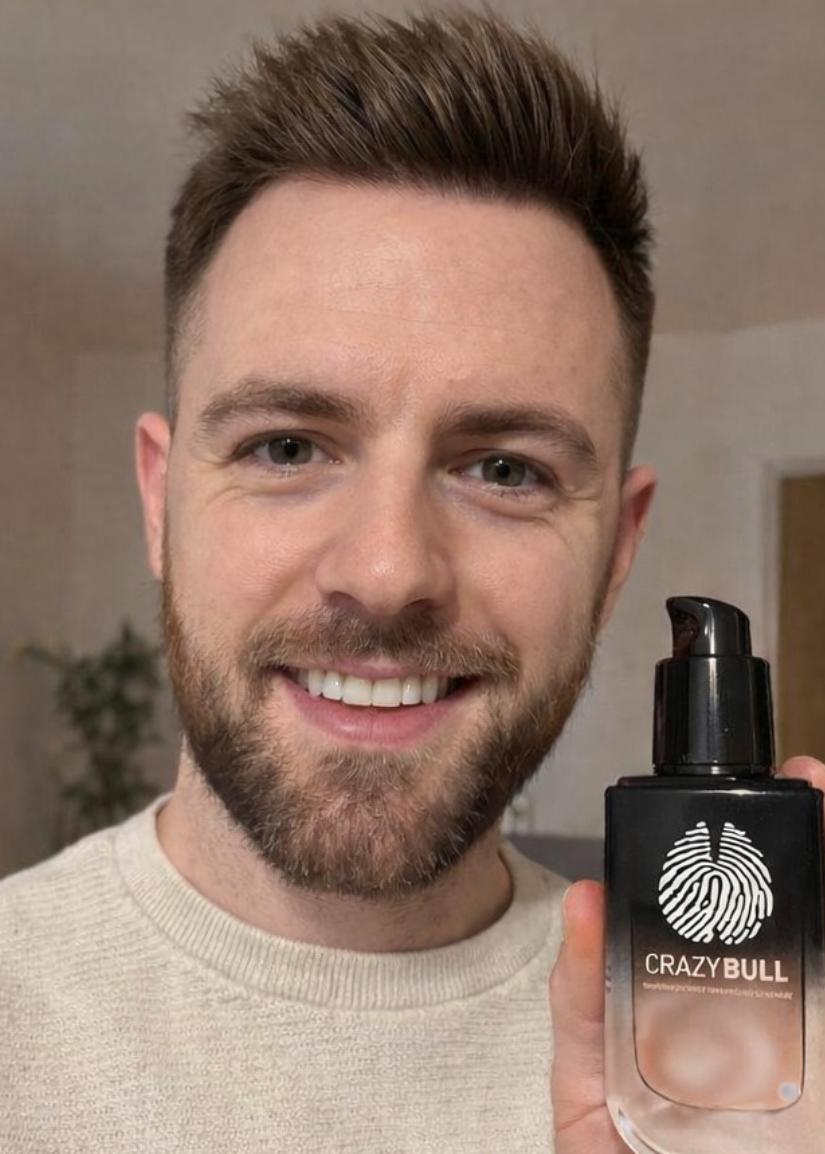 Side-by-side comparison of a man with and without a beard, holding a bottle of Cray bull product.