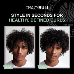 Before and after comparison of hair styled with Crazy Bull C4 Curl Control Conditioning Cream on a black background.