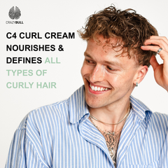 Man with styled curly hair, promoting C4 Curl Conditioning Control Cream by Crazy Bull
