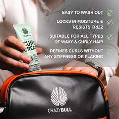 Person holding a bottle of Crazy Bull C3 Curl Conditioning Control Cream coming out of the Crazy Bull wash bag with benefits listed above