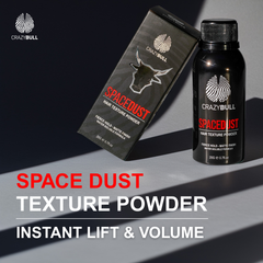Crazy Bull Space Dust hair texture powder packaging and bottle on a dark background detailing how it gives you instant lift and volume