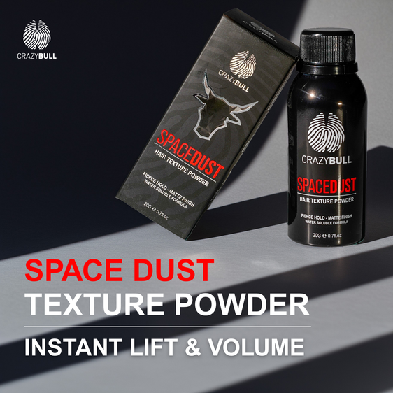 Crazy Bull Space Dust hair texture powder packaging and bottle on a dark background detailing how it gives you instant lift and volume