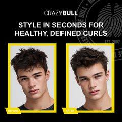 Before and after comparison of hair styling with Crazy Bull MattMeUp featuring a young man with styled hair.