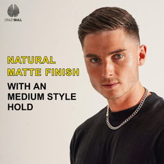 Man with styled hair and text about Crazy Bull MattMeUp  finish and style hold on a plain background