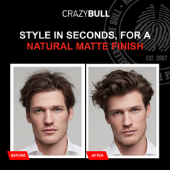Before and after comparison of a man's hairstyle when they use the Crazy Bull Space Dust hair texture powder