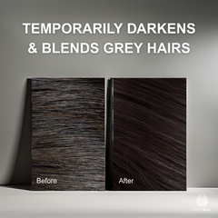 Before and after comparison of hair color treatment using Crazy Bull Shades Color Blending Clay with text 'TEMPORARILY DARKENS & BLEND GREY HAIRS'.