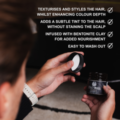 Person holding a jar of Crazy Bull Shades Color Blending Clay with text detailing its features.