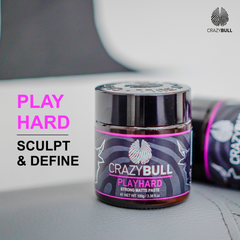 Crazy Bull Play Hard hair product jar with branding and text on a gray background