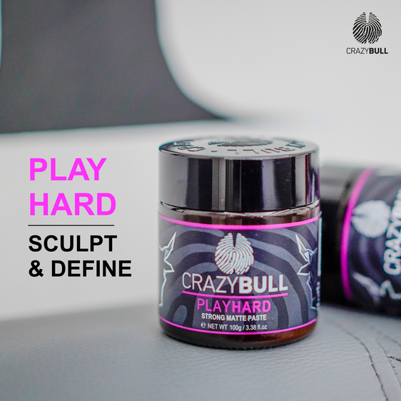 Crazy Bull Play Hard hair product jar with branding and text on a gray background