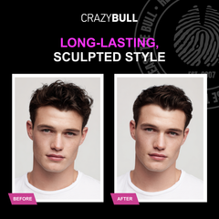 Before and after comparison of a styled haircut using Crazy Bull Play Hard