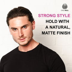 Man with styled hair against a white background with text about Crazy Bull Play Hard hold and finish.