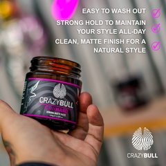Hand holding a jar of Crazy Bull Play Hard with promotional text about its features.