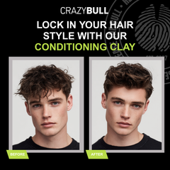 Crazy Bull Clay Play showing a before and after comparison of hair style.