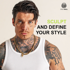 Man with tattoos wearing a white tank top with Crazy Bull Clay Play and text 'Sculpt and Define Your Style'.