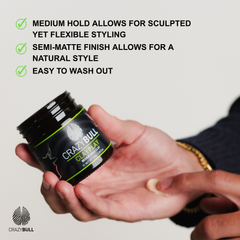 Crazy Bull clay play product in a hand with text about product features on a light gray background