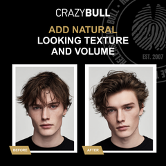 Before and after comparison of hair texture and volume when using Crazy Bull Bull Blaster Salt Spray
