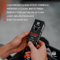 Person holding a box of Crazy Bull Space Dust hair texture powder with product features listed above.