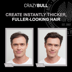 Before and after comparison of a man's hair after using Crazy Bull Lightning Fibers, showing thicker and fuller-looking hair.