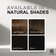 Hair color chart with four natural shades of brown and black on a gray background that the Lightning Fibers offer featuring the Crazy Bull brand.