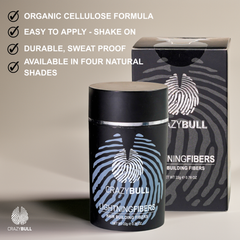 Crazy Bull Lightning fibers hair building fibers can and box on a neutral background with product benefits on top