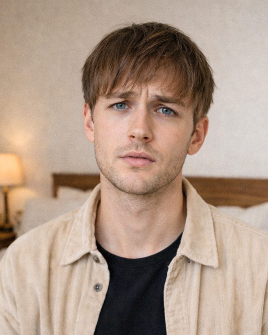 Man wearing a beige shirt over a black t-shirt in a bedroom setting